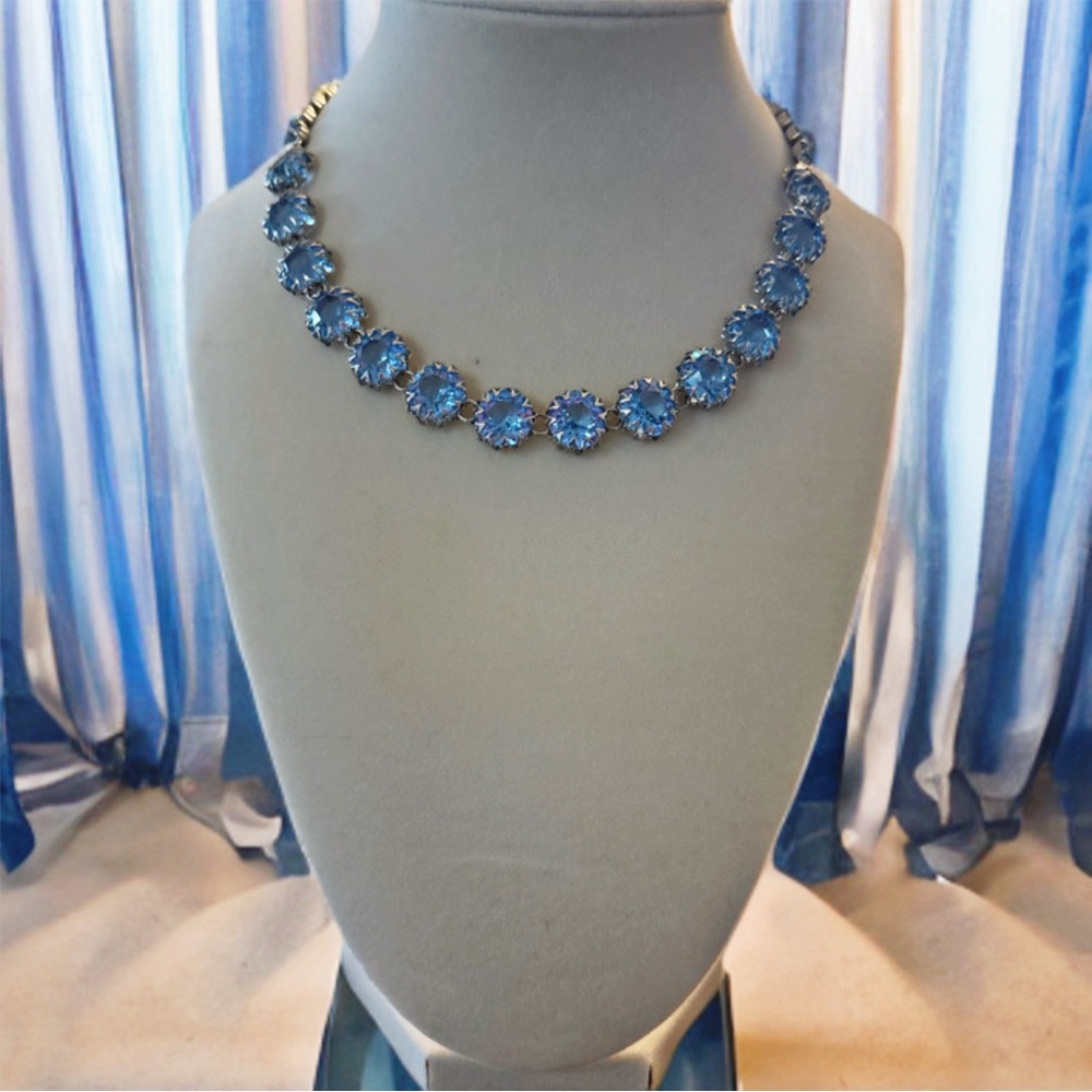 Vintage Aquamarine Blue Rhinestone Necklace 1950s Silver Tone Choker